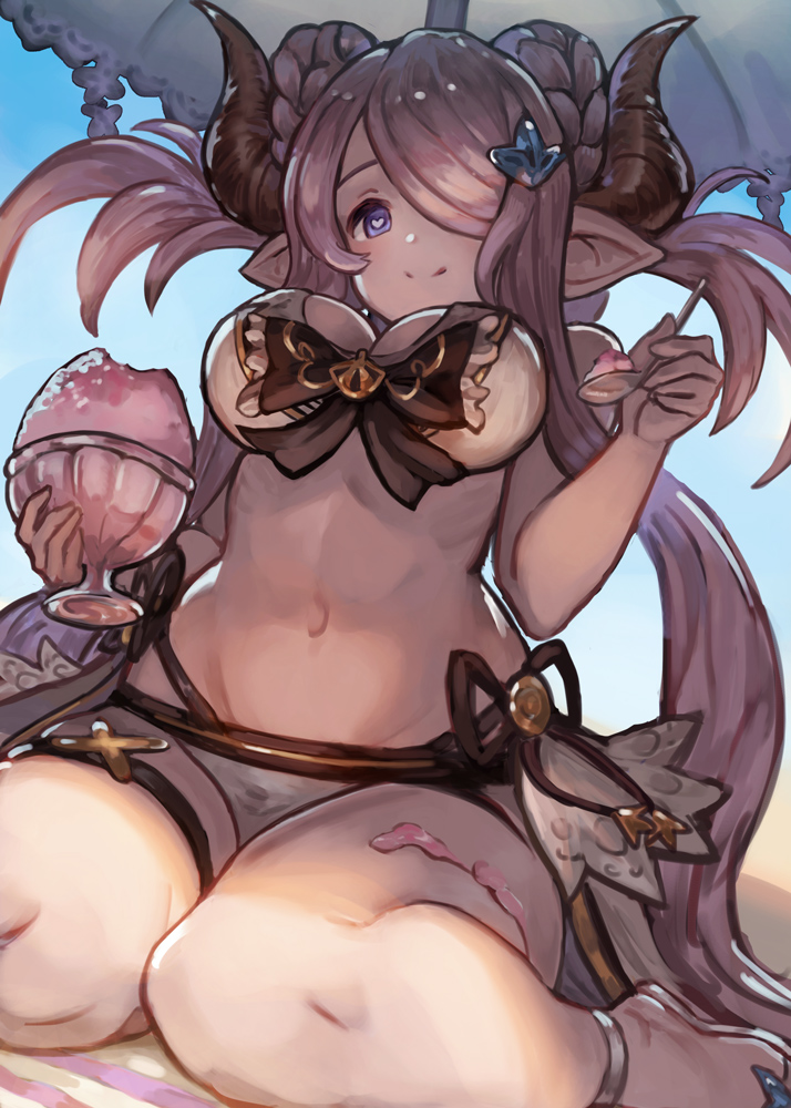 1girl, bikini, blue_eyes, breasts, cleavage, doraf, double_bun, ecens, granblue_fantasy, hair_over_one_eye, heart, heart-shaped_pupils, horns, large_breasts, lavender_hair, leg_garter, long_hair, looking_at_viewer, narumeia_(granblue_fantasy), navel, pointy_ears, sitting, smile, solo, swimsuit, symbol-shaped_pupils, twintails