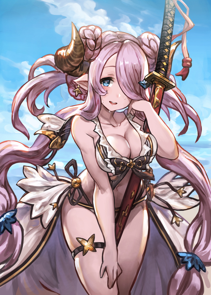 1girl, bikini, blue_eyes, breasts, cleavage, doraf, double_bun, earrings