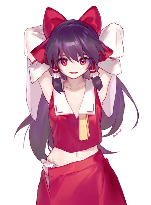1girl, :d, ainy77, arm_garter, armpits, arms_behind_head, arms_up, ascot, bare_shoulders, black_hair, blush, bow, collarbone, commentary_request, cowboy_shot, detached_sleeves, hair_bow, hair_tubes, hakurei_reimu, long_hair, long_sleeves, looking_at_viewer, midriff, navel, open_mouth, red_bow, red_eyes, ribbon-trimmed_sleeves, ribbon_trim, side_slit, skirt, skirt_set, smile, solo, touhou, undone, undone_ascot, white_background, wide_sleeves