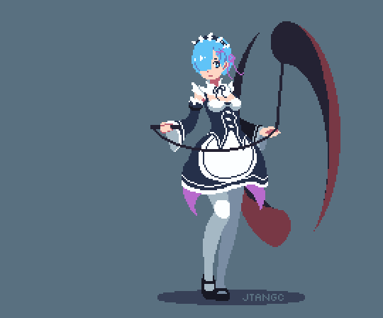 1girl, animated, animated_gif, apron, arm_garter, artist_name, black_ribbon, blue_background, blue_eyes, blue_hair, bow, breasts, chain, cleavage, detached_sleeves, dress, flail, frilled_dress, frilled_skirt, frilled_sleeves, frills, hair_ornament, hair_over_one_eye, holding, holding_weapon, jtangc, maid, maid_headdress, mary_janes, medium_breasts, morning_star, open_mouth, pantyhose, pink_ribbon, pixel_art, re:zero_kara_hajimeru_isekai_seikatsu, rem_(re:zero), ribbon, ribbon-trimmed_clothes, ribbon-trimmed_collar, ribbon-trimmed_sleeves, ribbon_trim, shadow, shoes, short_hair, simple_background, skirt, solo, swinging, weapon, white_legwear, wide_sleeves, x_hair_ornament