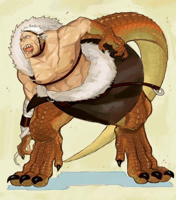 1boy, bandaged_arm, claws, dinosaur_boy, dinosaur_tail, fingernails, full_body, harness