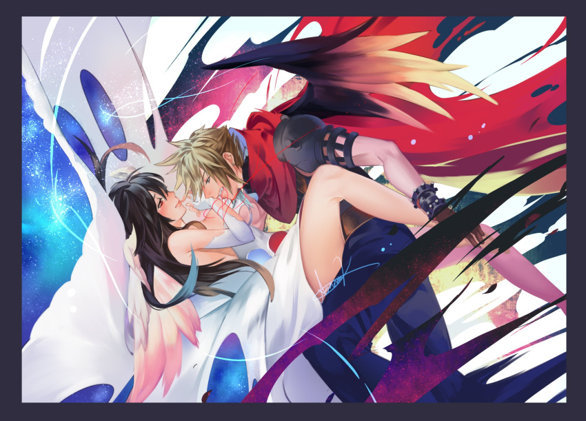 1girl, alternate_costume, asami_kudo, black_hair, blonde_hair, cape, cloud_strife, feathered_wings, final_fantasy, final_fantasy_vii, highres, kingdom_hearts, red_string, solo, spiky_hair, string, tifa_lockhart, wings