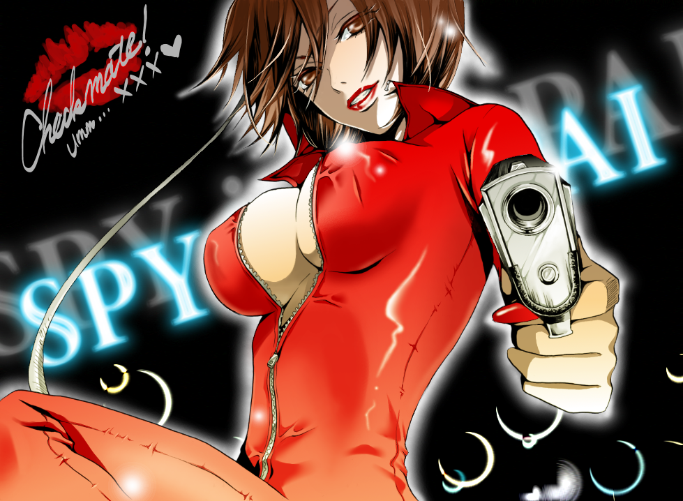 breasts, brown_eyes, brown_hair, cleavage, full-length_zipper, gun, hakuseki, latex