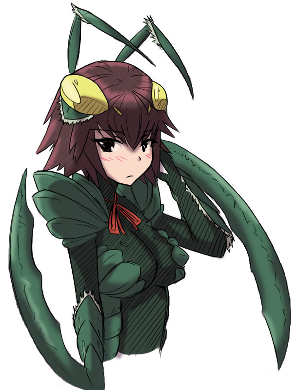 1girl, antennae, arm_blade, artist_request, black_eyes, blush, breasts, brown_hair