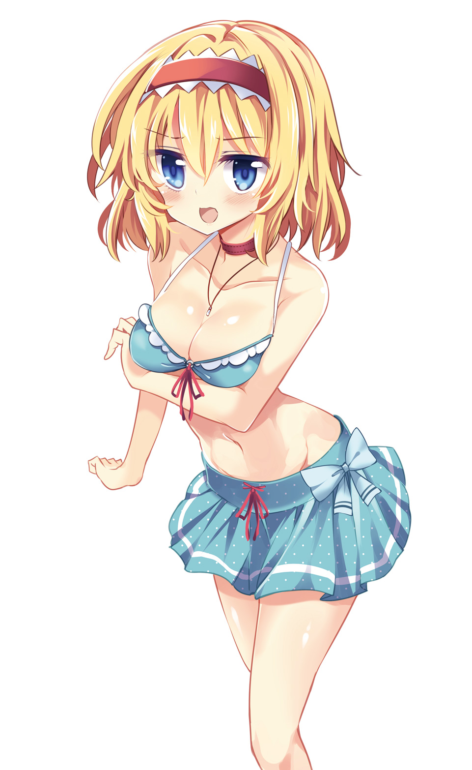 1girl, alice_margatroid, bikini, bikini_skirt, blonde_hair, blue_eyes, blush, breast_rest