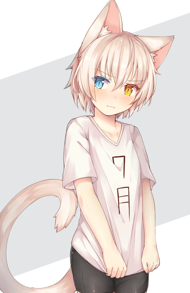 1boy, animal_ears, bike_shorts, blue_eyes, blush, cat_ears, cat_tail, clothes_writing