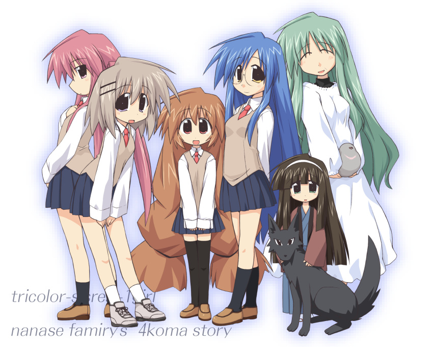 bird, black_hair, blue_hair, brown_hair, closed_eyes, dog, fujima_azuka, green_eyes