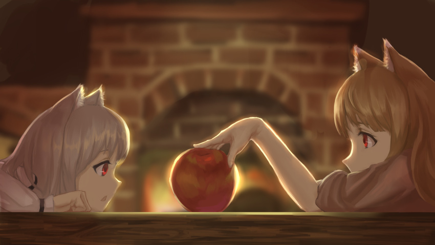 1girl, animal_ears, apple, backlighting, brown_hair, character_request, fireplace, food