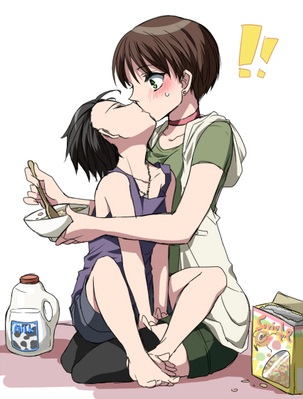 1boy, 1girl, billy_coen, blush, brown_hair, cereal, cereal_box, choker