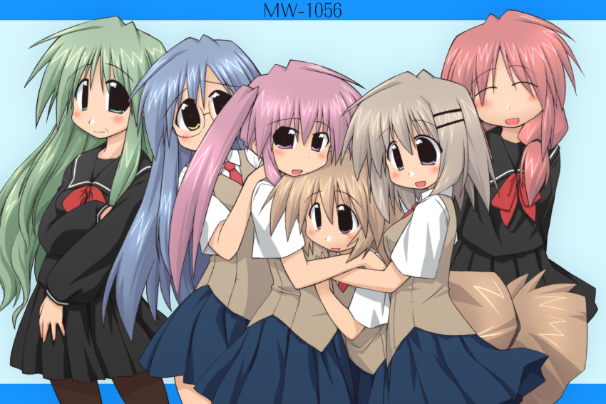 blue_hair, blush, brown_hair, closed_eyes, glasses, green_eyes, green_hair, hair_ornament
