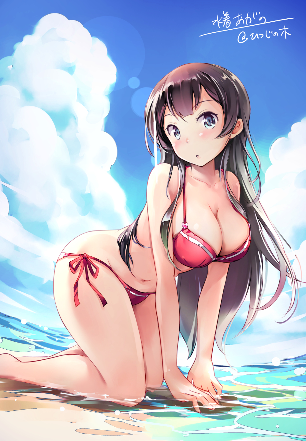 1girl, agano_(kantai_collection), all_fours, alternate_costume, artist_name, bare_legs, barefoot, beach