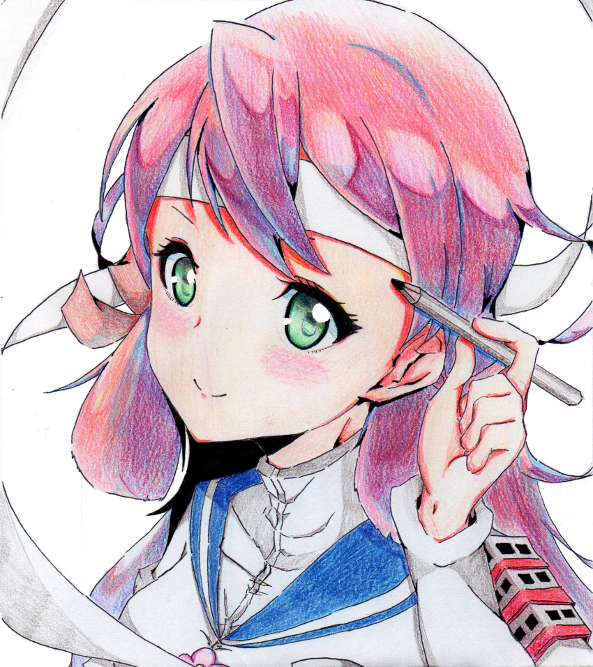 1girl, akashi_(kantai_collection), bandana, colored_pencil_(medium), green_eyes, hair_ribbon, highres, kantai_collection