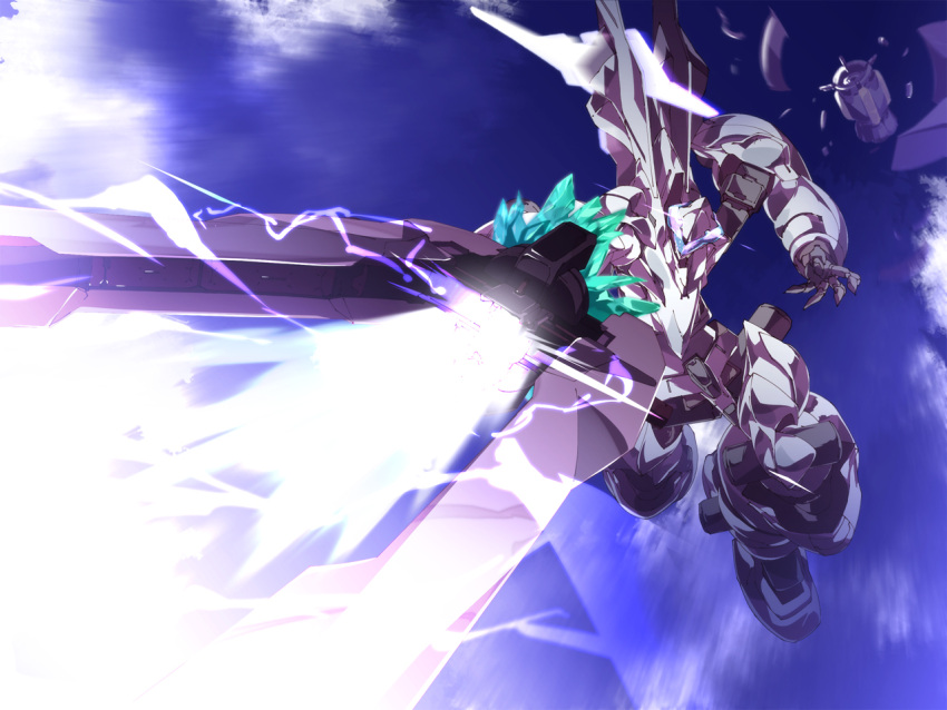 clouds, crystal, debris, electricity, energy_beam, glowing, mark_sein, mecha, no_humans, oruta_(owata_saber), rocket_ship, shiny, sky, solo, soukyuu_no_fafner, space_craft, sword, weapon