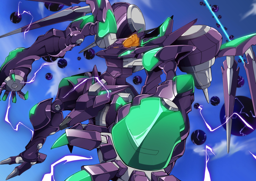 claws, clouds, electricity, explosion, gamiani_zero, highres, mark_nicht, mecha, no_humans, shiny, sky, solo, soukyuu_no_fafner, spikes, wings