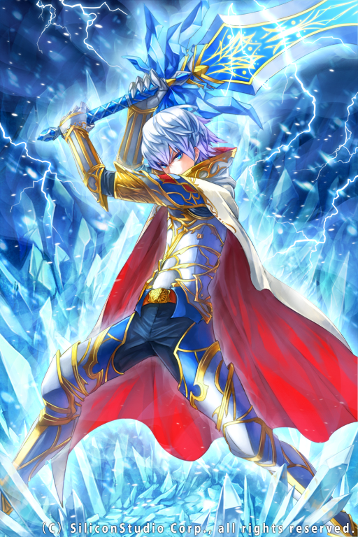 1boy, age_of_ishtaria, blue_eyes, cape, crystal, electricity, fighting_stance, gauntlets