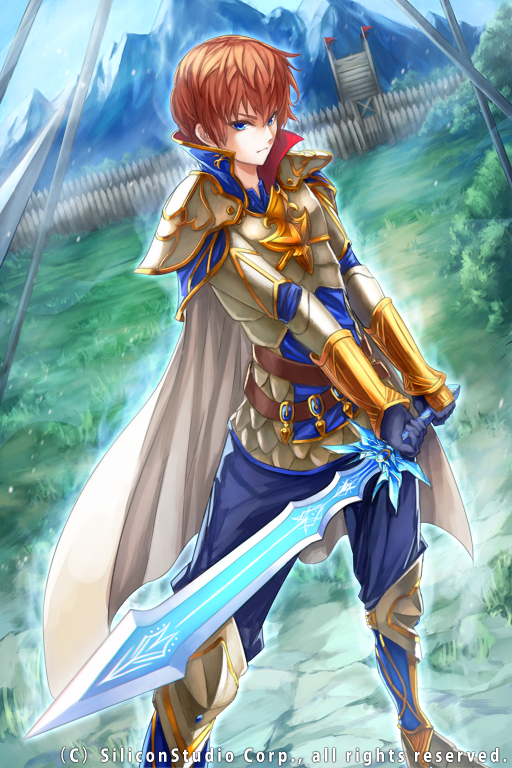 1boy, age_of_ishtaria, blue_eyes, cape, gloves, holding, holding_sword, holding_weapon