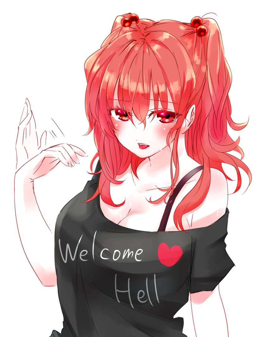 1girl, alternate_costume, black_shirt, blush, bra_strap, breasts, cleavage, clothes_writing