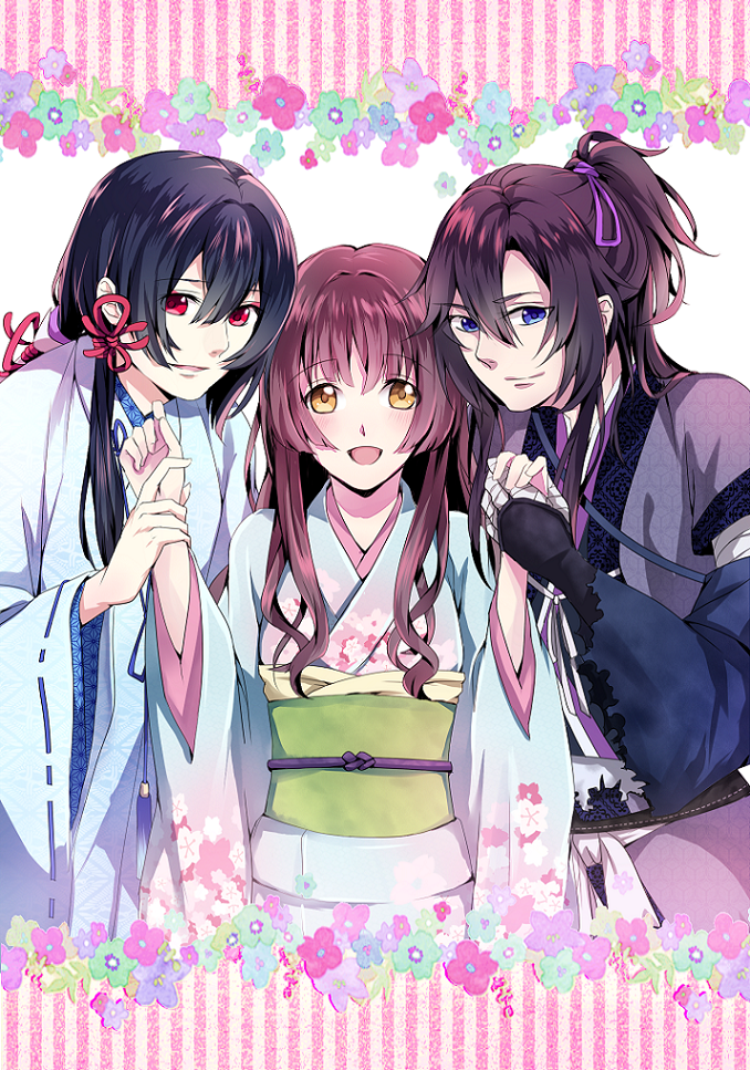 1girl, 2boys, black_hair, blue_eyes, brown_eyes, holding_another's_wrist, japanese_clothes, kayo_(ken_ga_kimi), ken_ga_kimi, kimono, onoco, red_eyes, sagihara_sakyou, smile, tzusuramaru_(ken_ga_kimi)