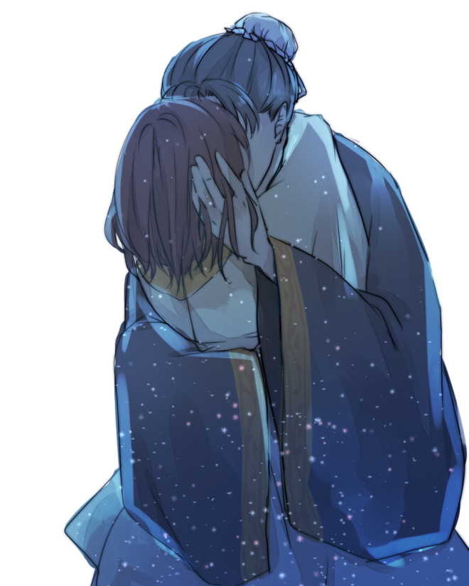 arms_around_another's_shoulders, brown_hair, bunjaku_(sangoku_rensenki), chinese_clothes, couple, forehead-to-forehead, forehead_to_forehead, hand_in_another&amp;#039;s_hair, hand_in_hair, hug, love, night, onoco, sangoku_rensenki, yamada_hana