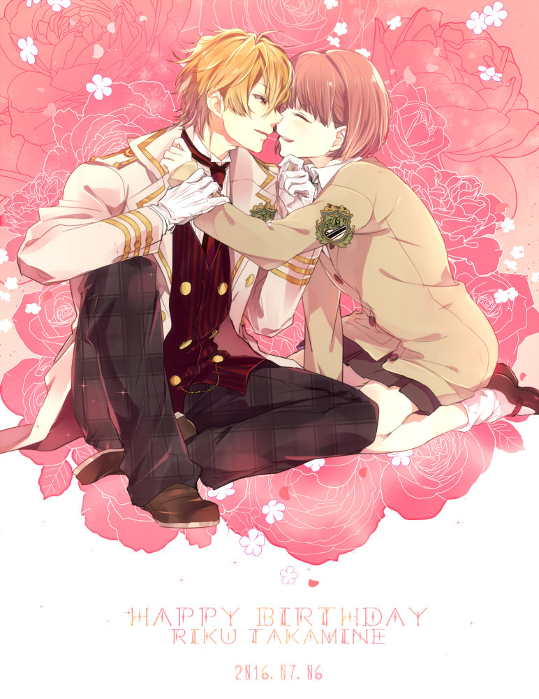 brown_eyes, brown_hair, couple, fujieda_neri, hand_on_another&amp;#039;s_chin, hetero, holding_another's_wrist, imminent_kiss, onoco, school_uniform, smile, takamine_riku, tan_jacket, zettai_kaikyuu_gakuen