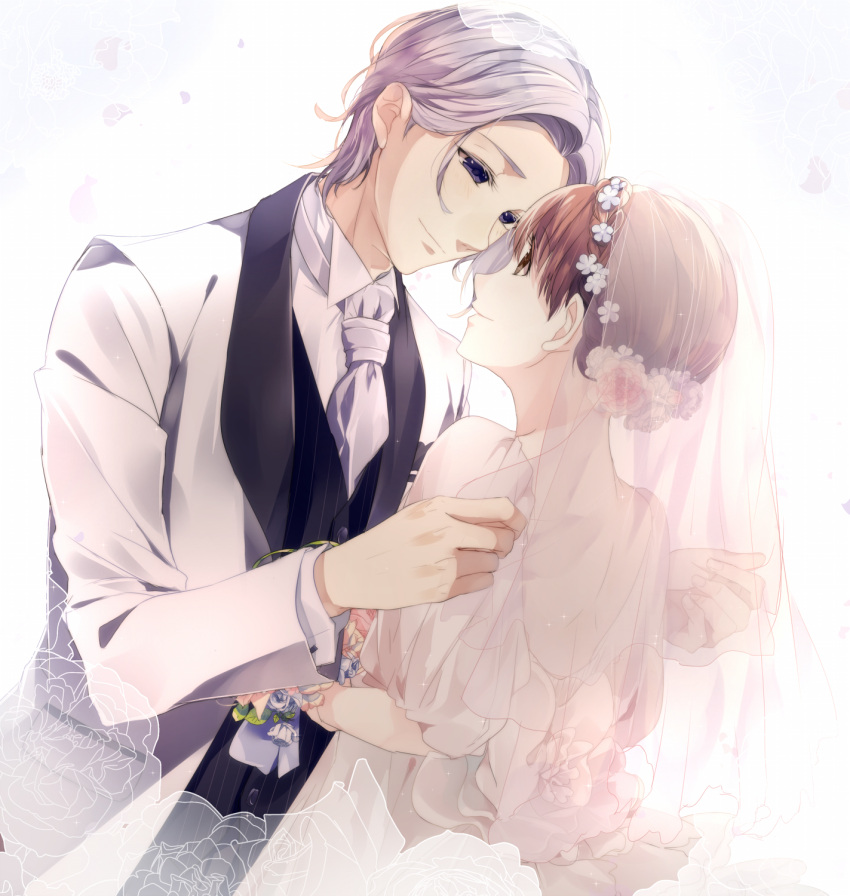 ascot, bride, brown_eyes, brown_hair, formal, fujieda_neri, groom, marriage