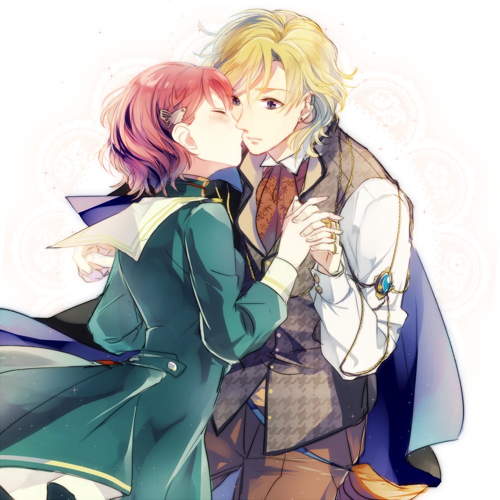 couple, darius_(harukanaru_toki_no_naka_de_6), green_eyes, harukanaru_toki_no_naka_de_6, hetero, holding_hands, kiss, nervous