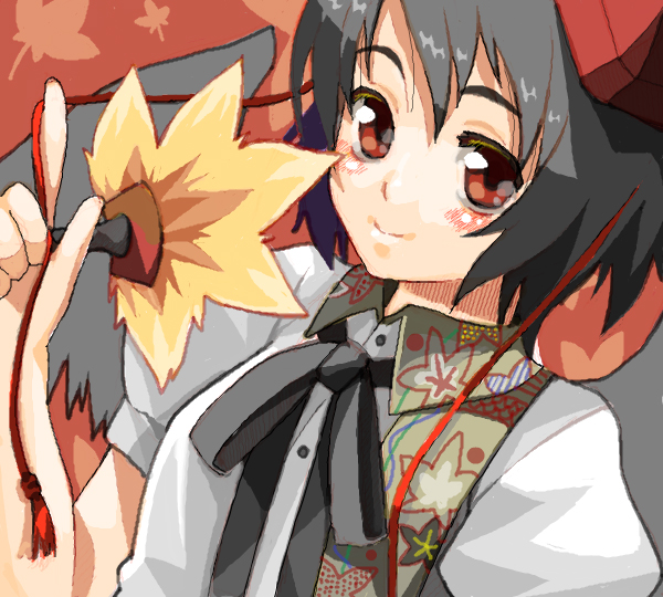 a0, black_wings, blush, bust, fan, hat, liminarity, red_eyes