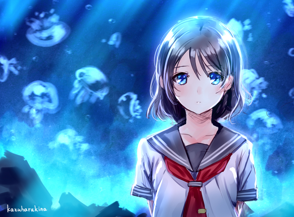 aquarium, blue_eyes, blush, grey_hair, love_live!_sunshine!!, sad, seifuki, short_hair, watanabe_you