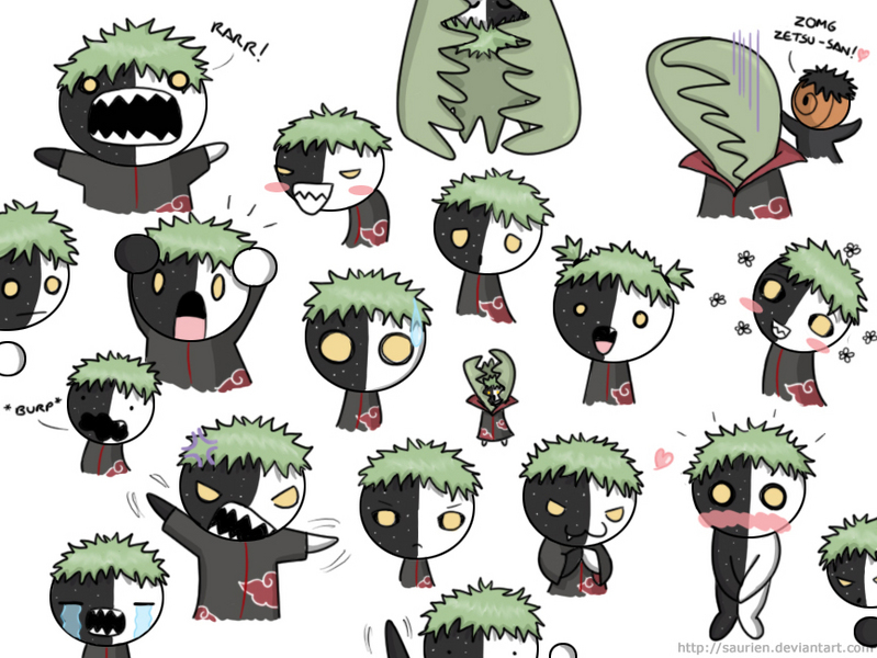:3, akatsuki_(naruto), blush, chibi, cloak, flower, green_hair, grin, heart, naruto, nude, o_o, saurien, simple_background, tears, the_many_faces_of, tobi, white_background, yellow_eyes, zetsu
