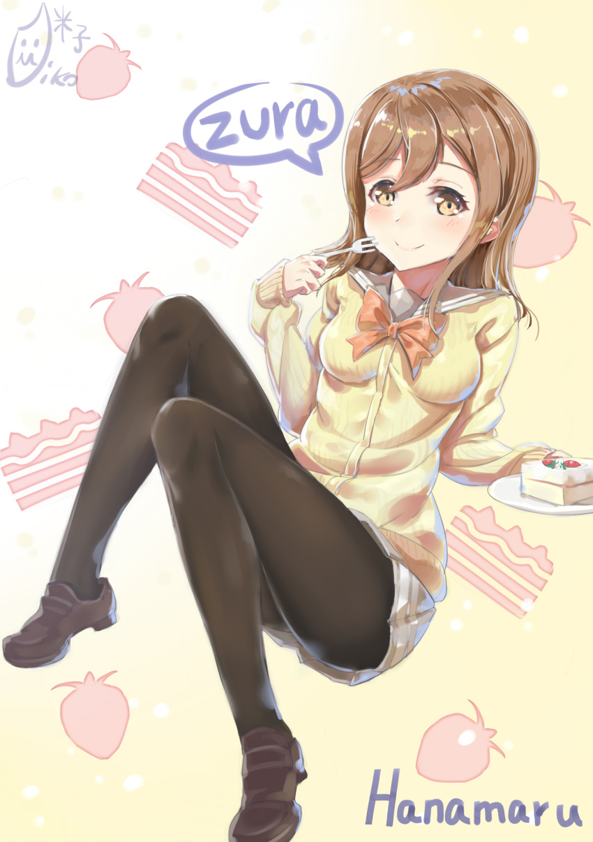 blush, brown_eyes, brown_hair, kunikida_hanamaru, long_hair, love_live!_sunshine!!, panthose, seifuku