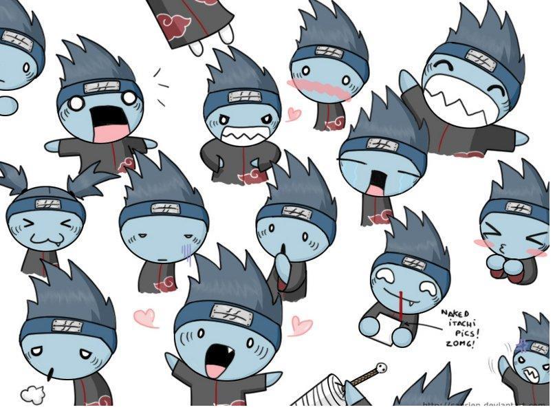 >_<, :3, akatsuki_(naruto), blood, blue_hair, blue_skin, blush, chibi, cloak, grin, heart, hoshigaki_kisame, male, naruto, o_o, open_mouth, saurien, simple_background, sword, teeth, the_many_faces_of, weapon, white_background