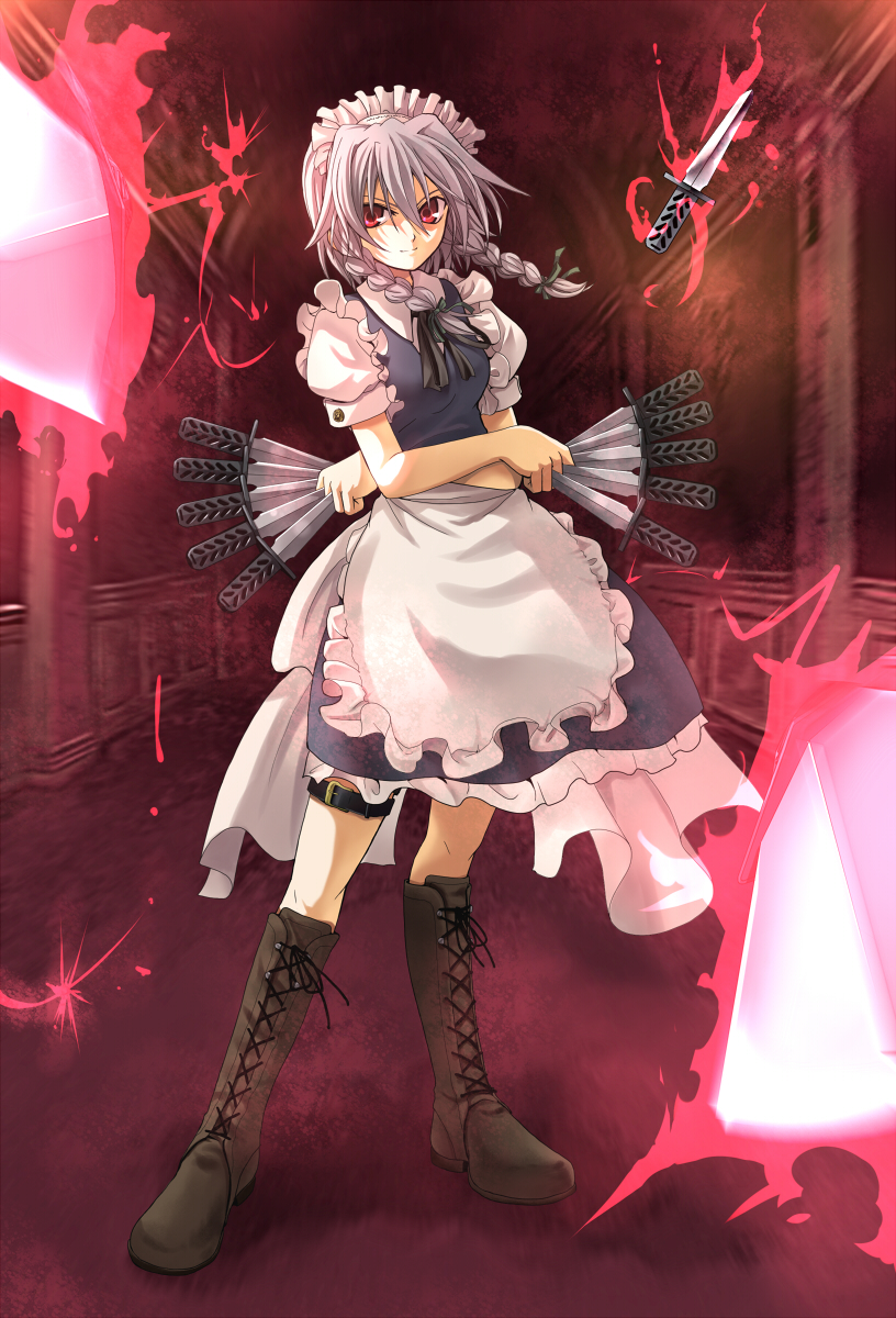 highres, izayoi_sakuya, knife, maid, neko_beretta, red_eyes, silver_hair, touhou