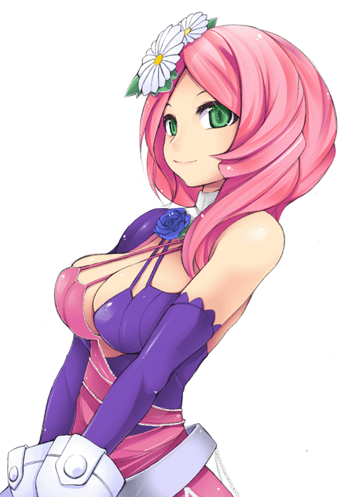 alisa_bosconovitch, bare_shoulders, breasts, cleavage, elbow_gloves, flower, gloves, green_eyes