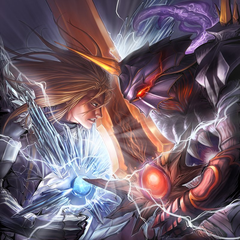 2boys, armor, battle, blonde_hair, blue_eyes, chrisnfy85, clenched_teeth, crystal, epic, full_armor, glaring, glowing, glowing_eyes, greatsword, helmet, holding, holding_sword, holding_weapon, horn, huge_sword, huge_weapon, knight, lightning, long_hair, looking_at_another, male, manly, monster_boy, nightmare_(soulcalibur), pauldrons, profile, red_eyes, scar, serious, sharp_teeth, siegfried_schtauffen, soul_calibur, soul_calibur_(weapon), soul_edge_(weapon), soulcalibur, sword, teeth, weapon, zweihander