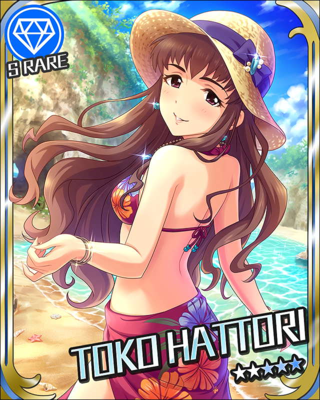 bare_back, bikini, blush, brown_eyes, hat, hattori_toko, idolmaster, idolmaster_cinderella_girls, long_hair, sky, smile, stars, summer