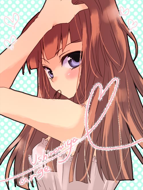 blush, ico_(artist), ico_(pekoguest), long_hair, looking_back, mouth_hold, red_hair, redhead