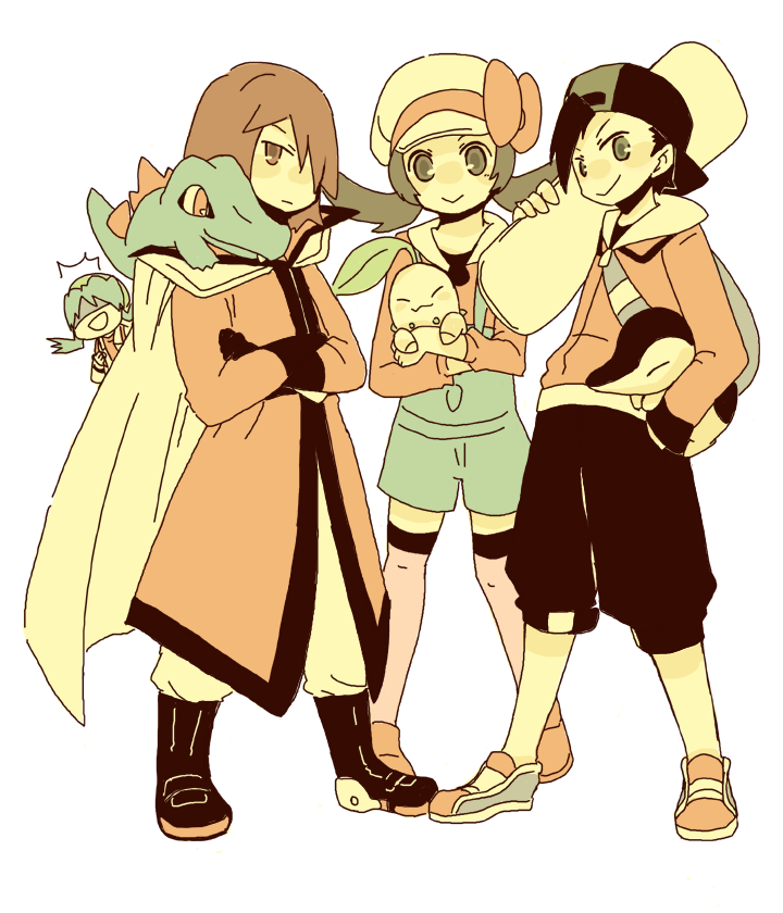 1girl, 2boys, adapted_costume, alternate_costume, baseball_cap, cabbie_hat, chikorita, crystal_(pokemon)