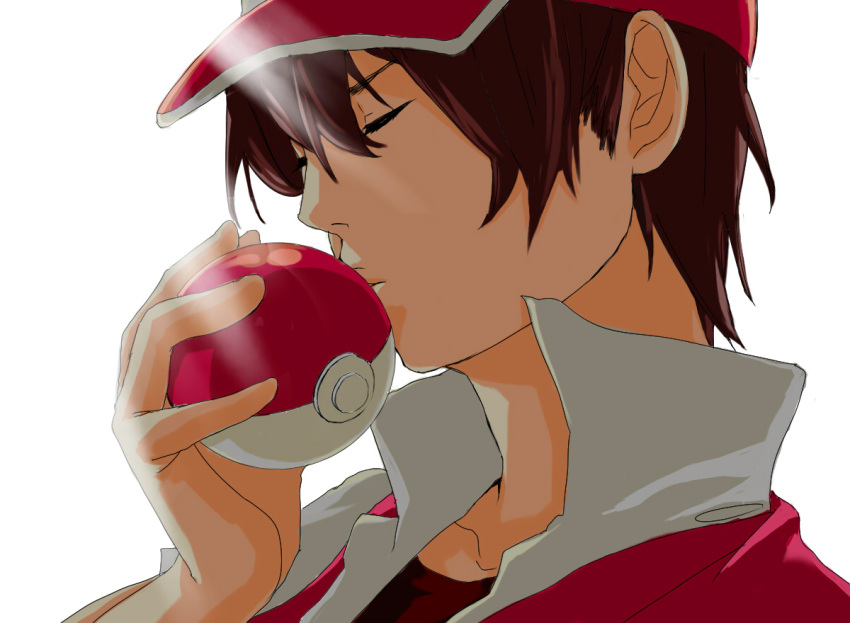 bad_id, baseball_cap, black-hachi, brown_hair, closed_eyes, hat, holding, holding_poke_ball