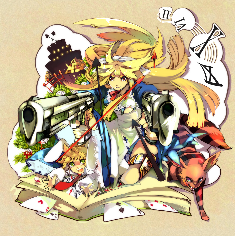 alice_in_wonderland, blonde_hair, card, cards, cheshire_cat, gun, long_hair, red_eyes