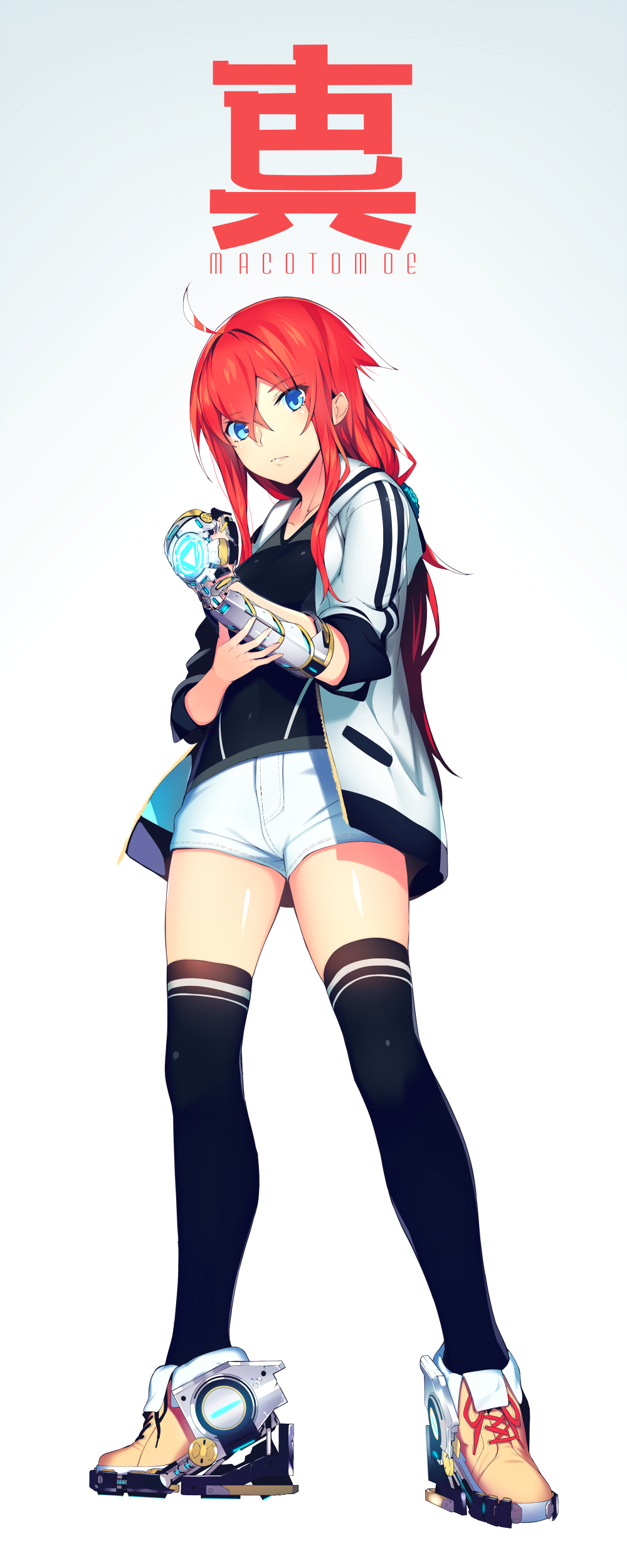 1girl, absurdres, ahoge, arc_reactor, black_legwear, black_shirt, blue_eyes, commentary_request