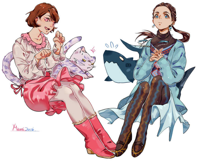 2girls, amu_(doubutsu_sentai_zyuohger), blue_eyes, brown_hair, doubutsu_sentai_zyuohger, earrings, fins, highres, jewelry, long_hair, mmmmaus, multiple_girls, red_eyes, sera_(doubutsu_sentai_zyuohger), shark, short_hair, super_sentai, tail, tiger