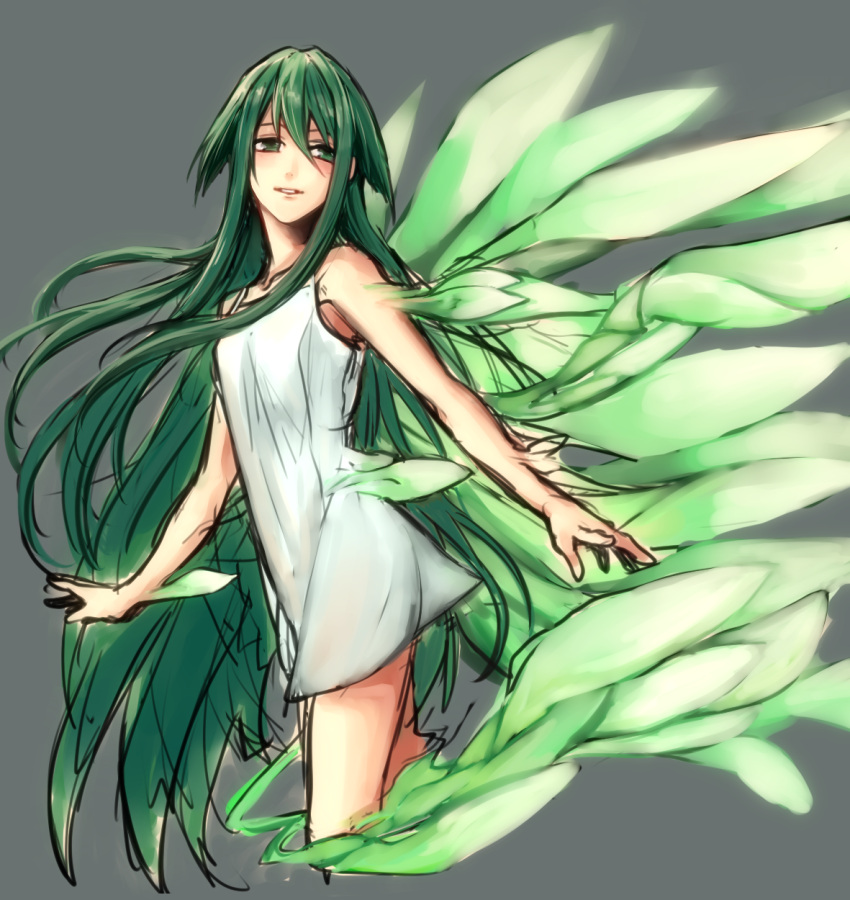 1girl, collarbone, cropped_legs, dress, from_side, green_eyes, green_hair, grey_background, hair_between_eyes, hair_flaps, highres, kuwa_ayase, long_hair, parted_lips, saya, saya_no_uta, simple_background, sketch, solo, sundress, very_long_hair, white_dress, wings