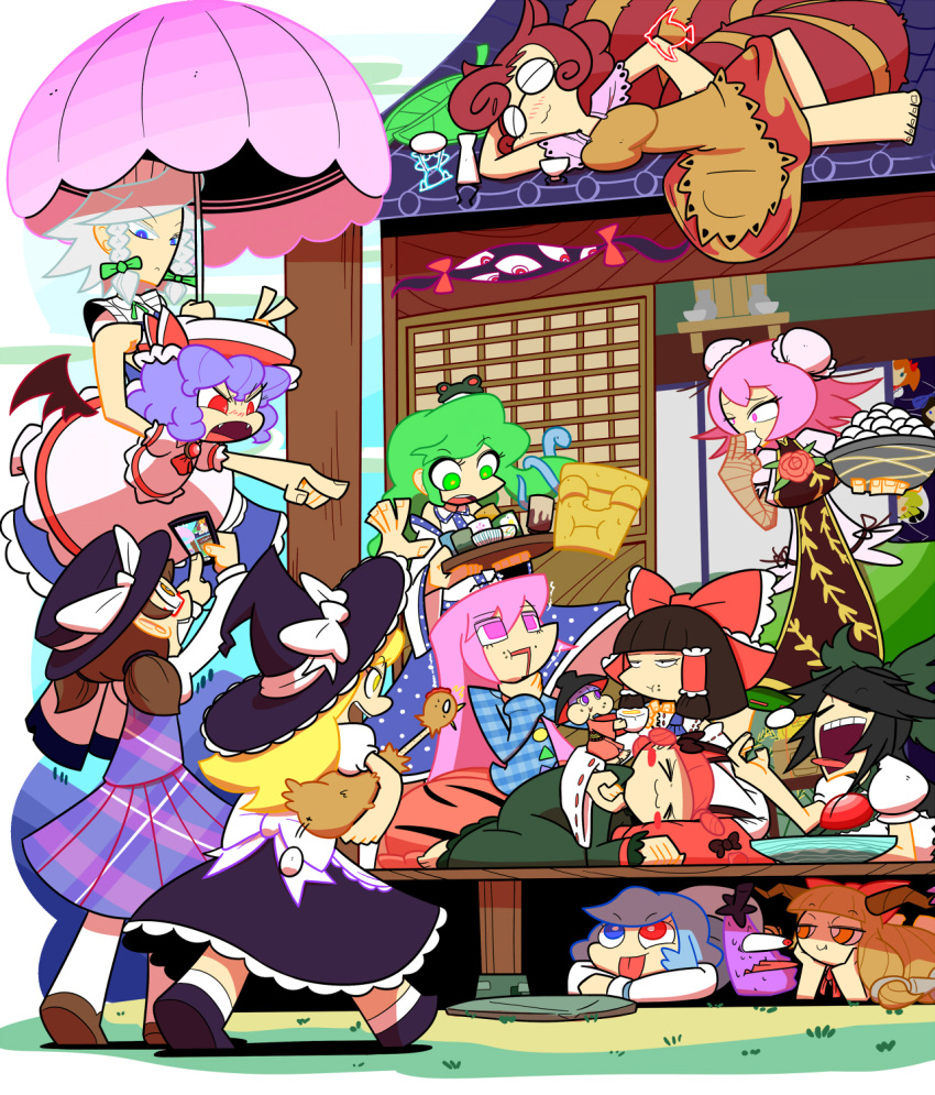 >_<, 6+girls, :3, asphyxiation, bat_wings, bird, black_hair, blue_eyes, blue_hair, braid, brown_hair, cellphone, chicken, choking, closed_eyes, double_bun, eating, egg, flying, frog_hair_ornament, futatsuiwa_mamizou, gap, glasses, green_hair, hair_ornament, hakurei_reimu, hard-boiled_egg, hat, hata_no_kokoro, heterochromia, highres, horns, ibaraki_kasen, ibuki_suika, izayoi_sakuya, jealous, kaenbyou_rin, kirisame_marisa, kochiya_sanae, kuchibashi_(9180), lap_pillow, looking_up, luna_child, minigirl, multiple_girls, on_roof, orange_eyes, orange_hair, phone, pink_hair, raccoon_tail, red_eyes, reiuji_utsuho, remilia_scarlet, silver_hair, sleeping, smartphone, snake_hair_ornament, star_sapphire, sukuna_shinmyoumaru, sunny_milk, tail, taking_picture, tatara_kogasa, tongue, tongue_out, touhou, tray, tsukumogami, twin_braids, twintails, umbrella, usami_sumireko, wings, witch_hat, yellow_eyes