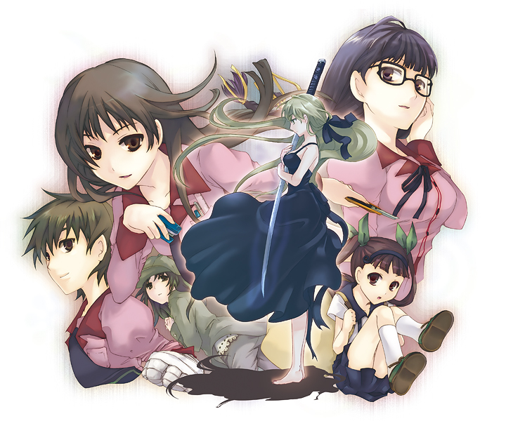 araragi_koyomi, bag, bakemonogatari, barefoot, dress, everyone, glasses, hachikuji_mayoi
