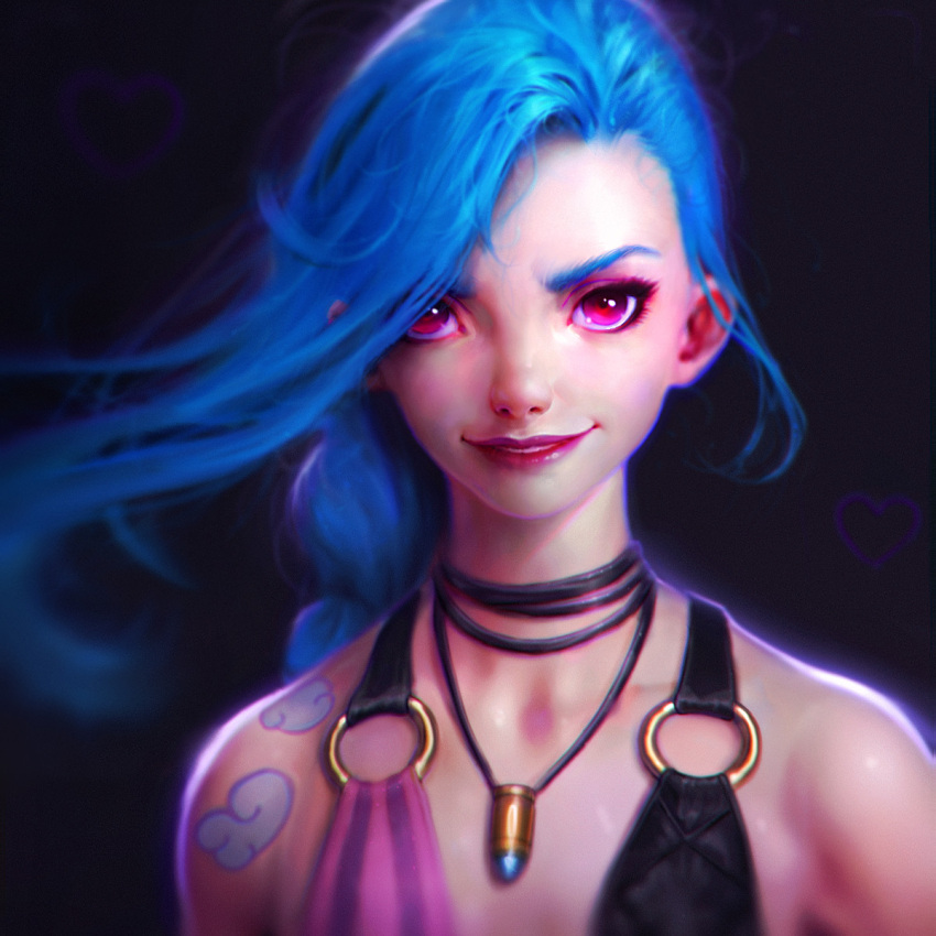 1girl, bare_shoulders, blue_hair, bullet, bullet_necklace, grin, highres, irakli_nadar