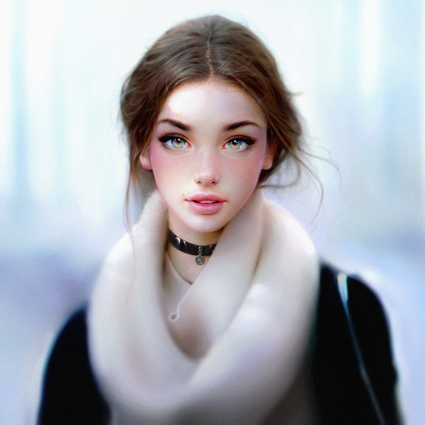 1girl, choker, eyebrows, eyelashes, forehead, freckles, green_eyes, highres, irakli_nadar, lips, looking_at_viewer, original, parted_lips, photo_reference, pink_lips, realistic, solo, teeth, upper_body