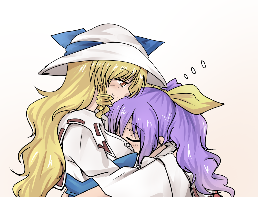 2girls, blonde_hair, blush, breast_pillow, closed_eyes, hair_ribbon, hat, hug