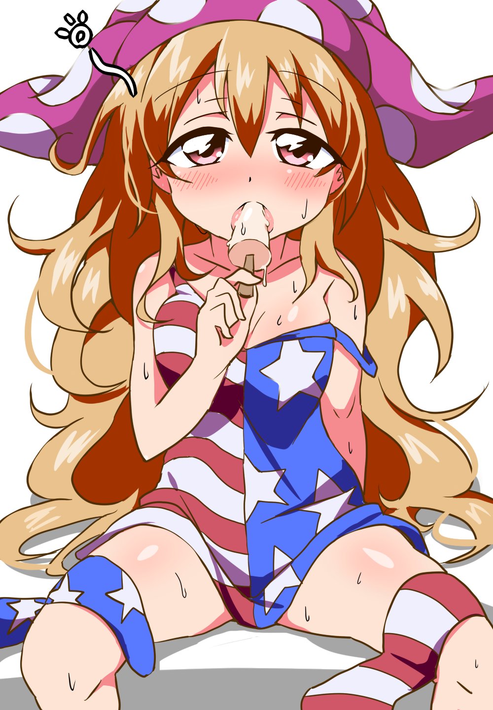 1girl, adapted_costume, american_flag_dress, arm_support, bare_shoulders, blonde_hair, blush, breasts