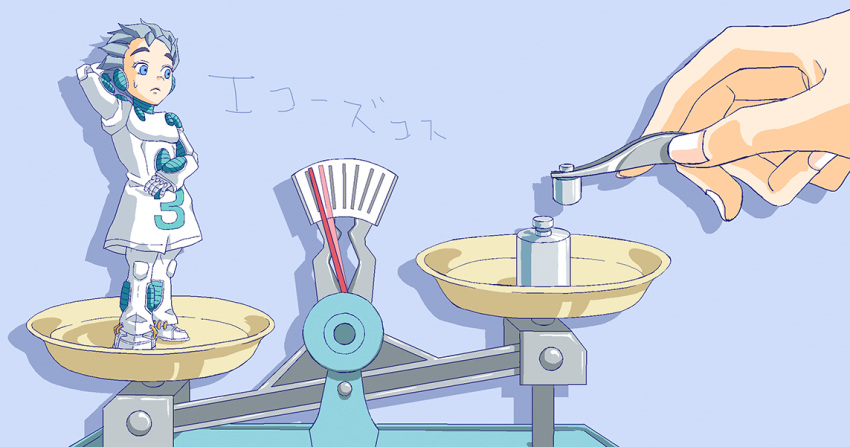 1boy, balance_scale, blue_eyes, echoes_(stand), forceps, frown, fusion, grey_hair