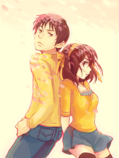back_to_back, bad_id, brown_eyes, brown_hair, cherry_blossoms, cika, kyon, petals
